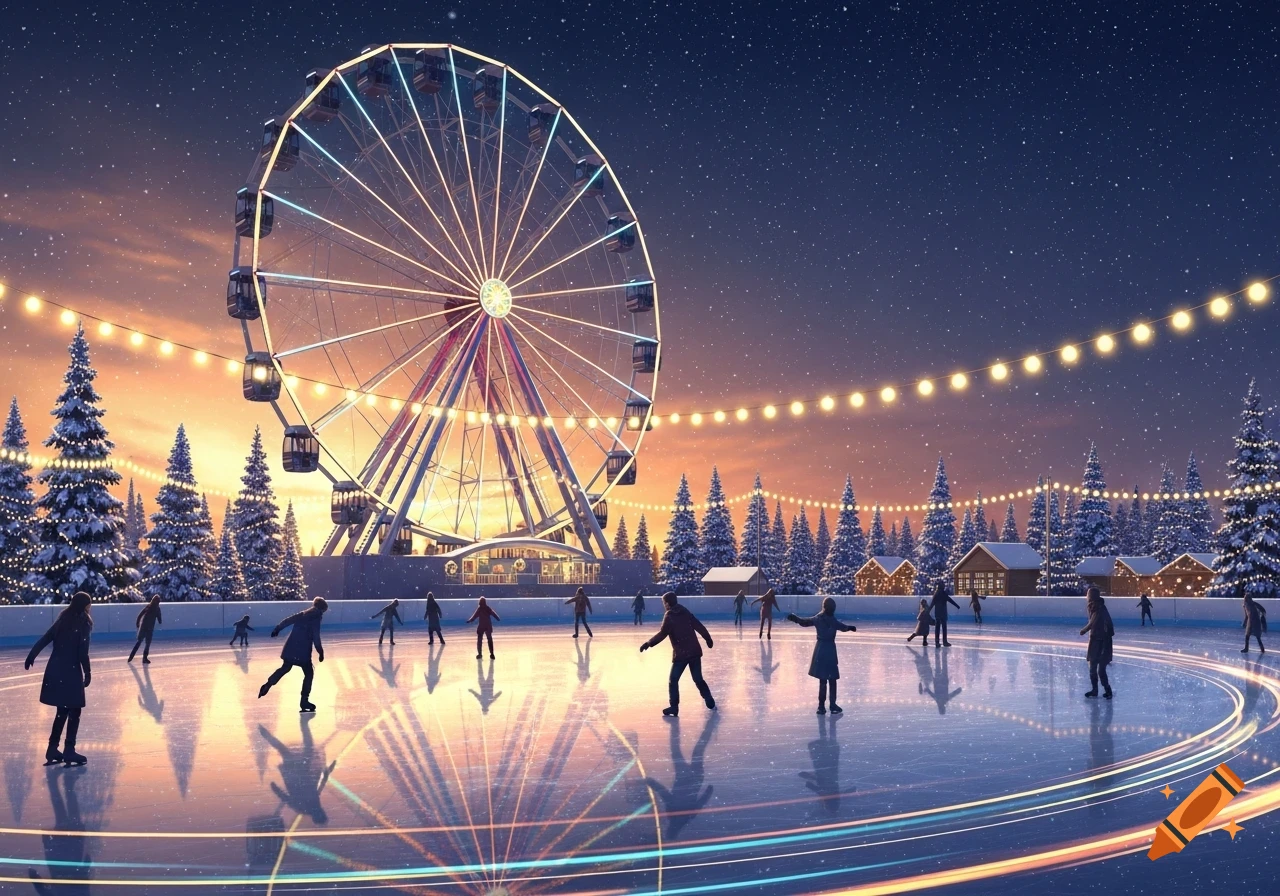 People ice skating on an outdoor rink at dusk, with a lit-up Ferris wheel, snow-covered trees, and string lights.