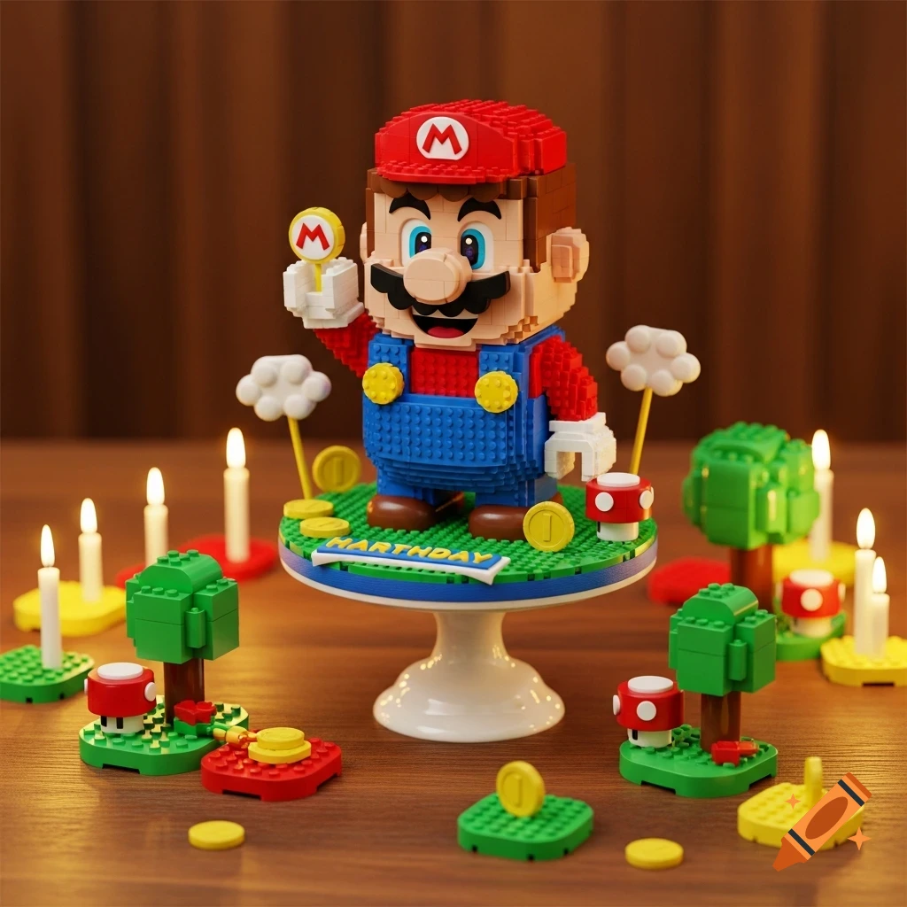 A Lego-style Mario figure stands on a birthday cake adorned with coins and mushrooms, surrounded by lit candles and other Lego landscape pieces.