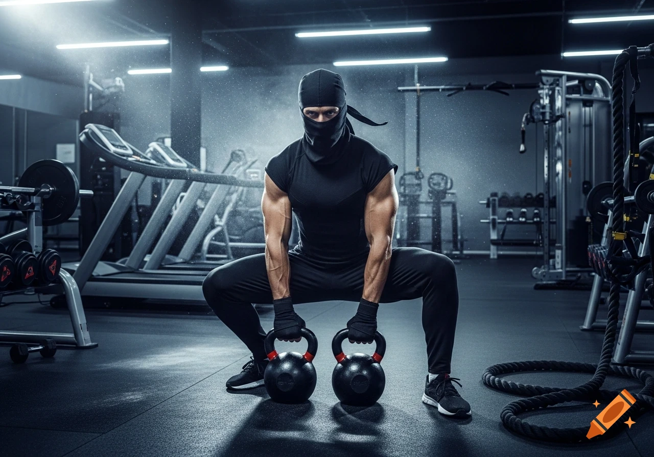 A muscular man in a black ninja outfit squats in a gym, holding two kettlebells. Photorealistic style.