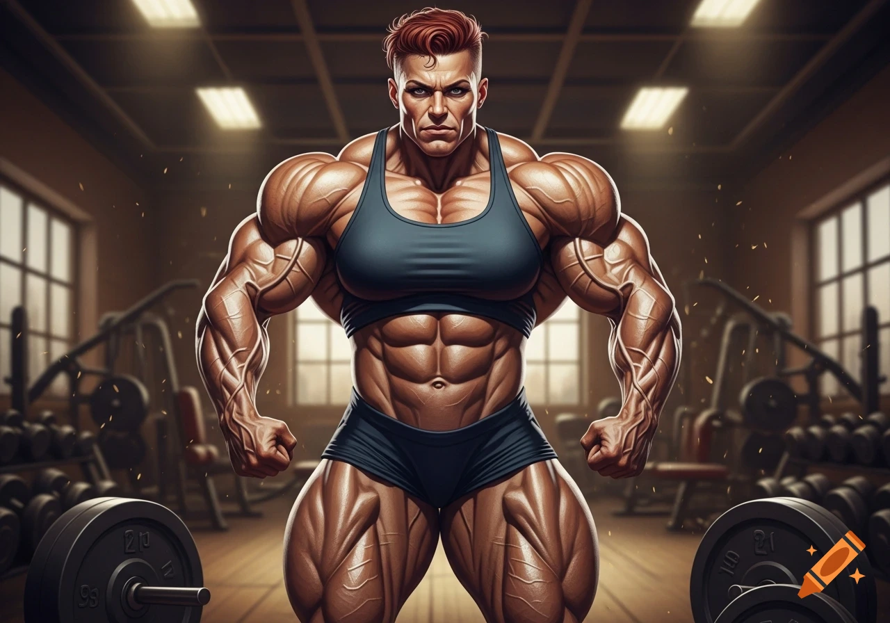 A muscular female bodybuilder with short red hair stands confidently in a gym, surrounded by weights.