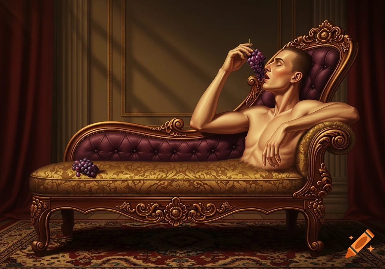 A shirtless man with short hair reclines on a lavish golden chaise longue, eating grapes in a classical, surreal setting.