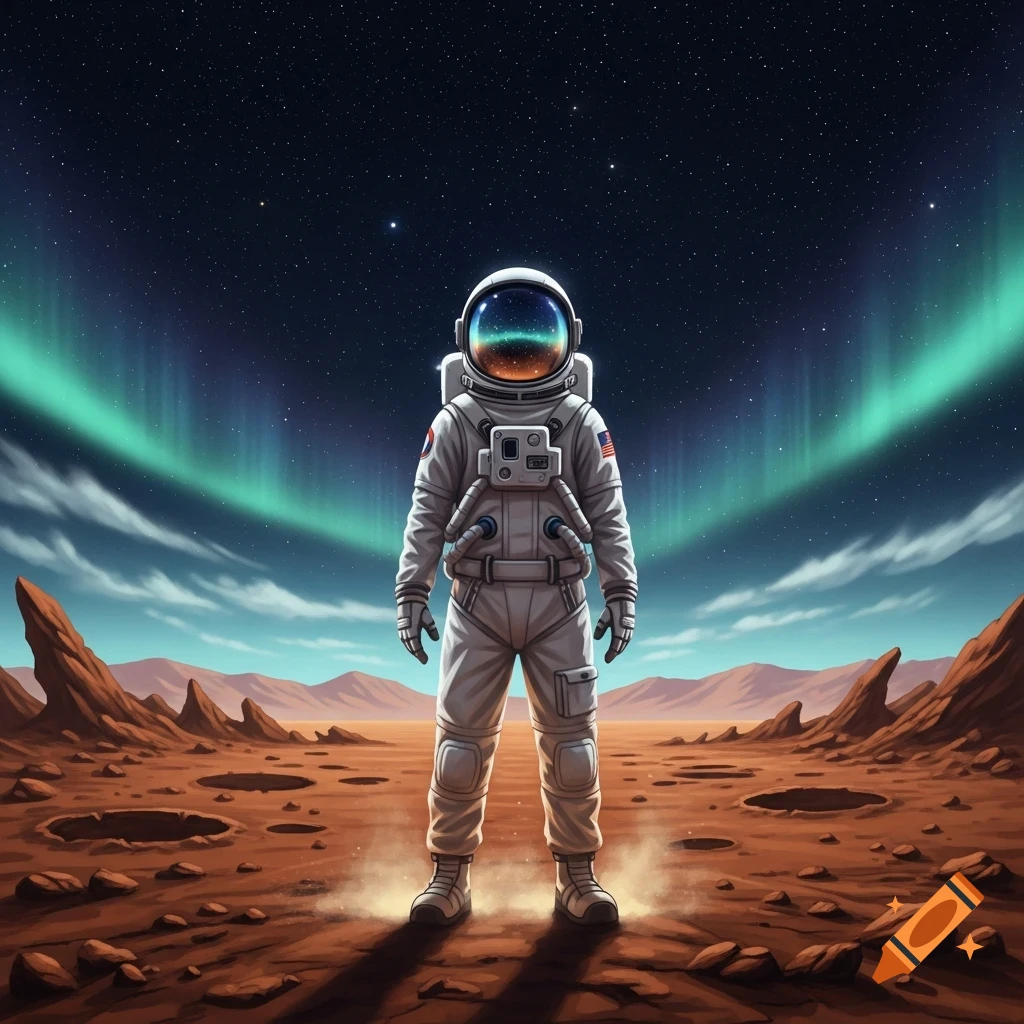 An astronaut stands on a reddish, cratered alien planet with pointed rocks under a starry sky with green auroras.