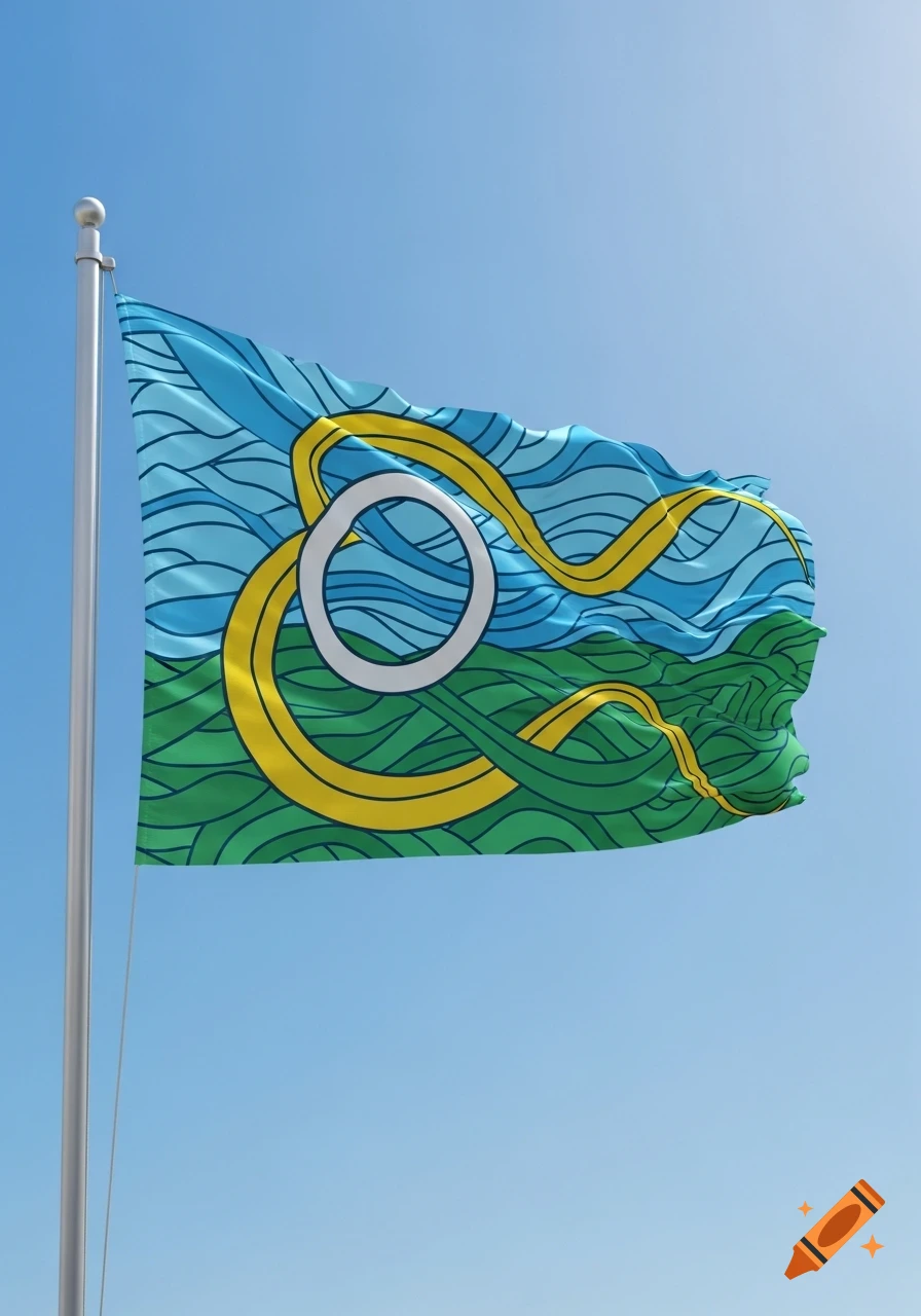 A flag with blue and green wave patterns, a yellow intertwined ribbon, and a white circle, waving against a clear blue sky.