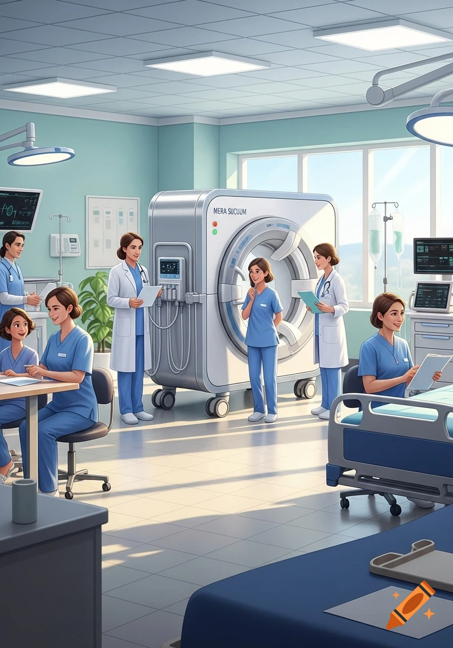 Stylized illustration of doctors and nurses in a brightly lit hospital room with a large medical device labeled MERA SUCUUM.