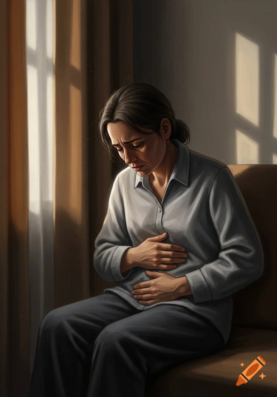 A woman with dark hair sits in a dimly lit room, holding her stomach and looking distressed. Light from a window falls on her.