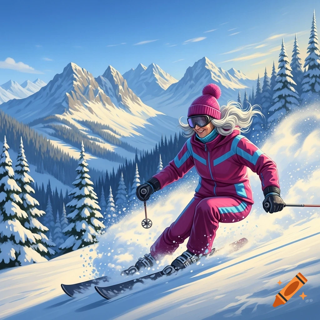 Vibrant illustration of a happy older woman in a pink ski suit skiing down a snowy mountain with pine trees and blue sky.