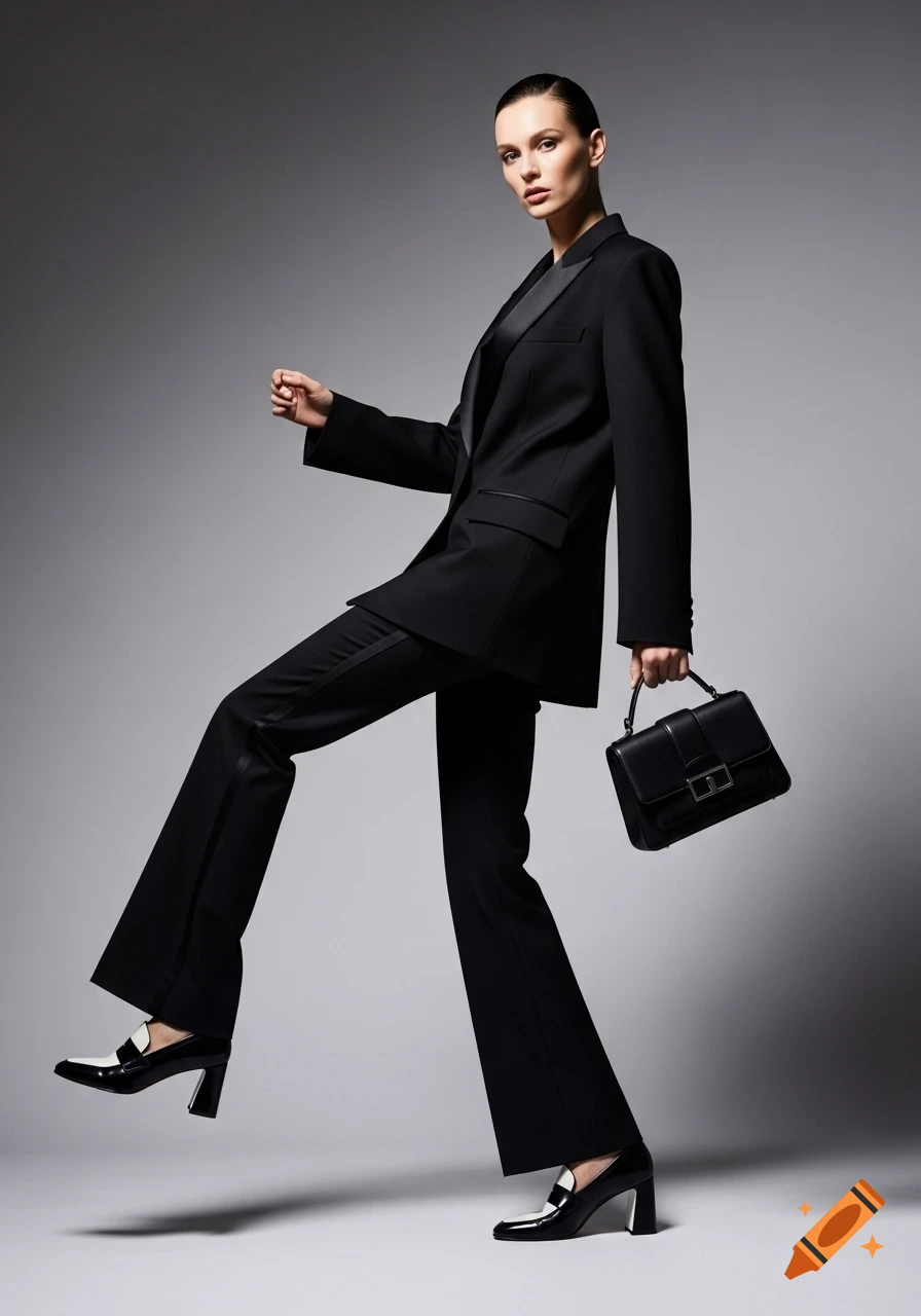 Photorealistic full-body portrait of an elegant woman in a black tuxedo suit and two-tone loafers, holding a handbag.
