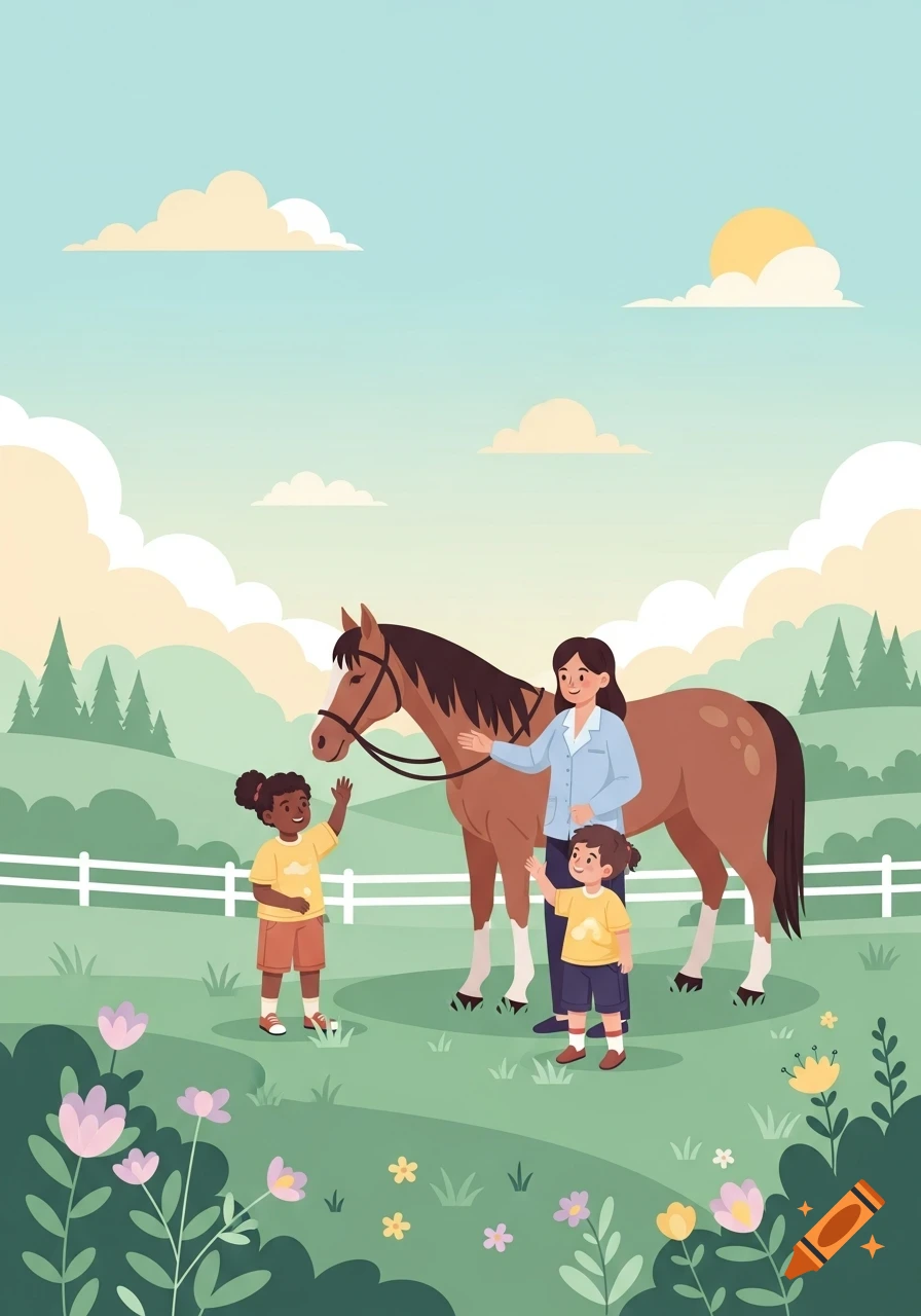 Flat vector illustration of a woman, two children, and a horse in a green pasture with flowers and a fence under a sunny sky.