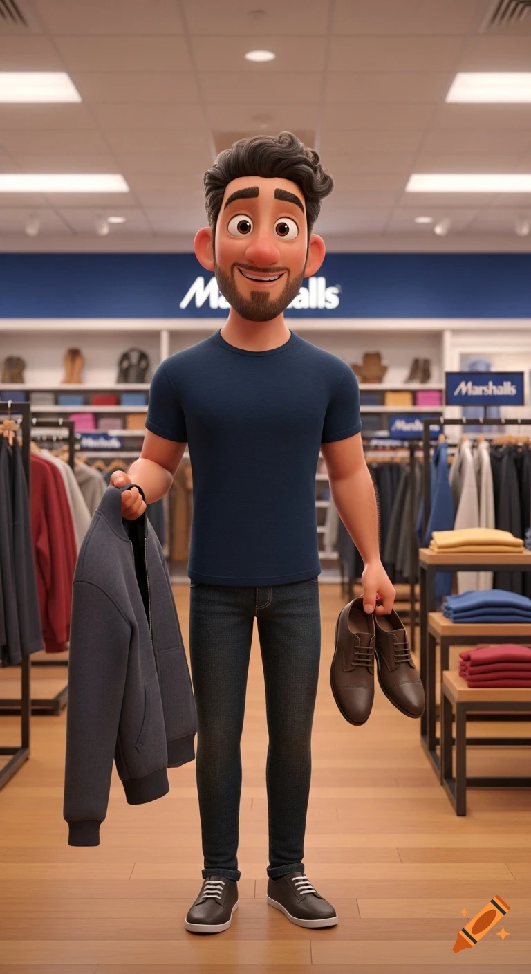 A smiling Pixar-style cartoon man in a Marshalls store, holding a jacket and a pair of shoes.