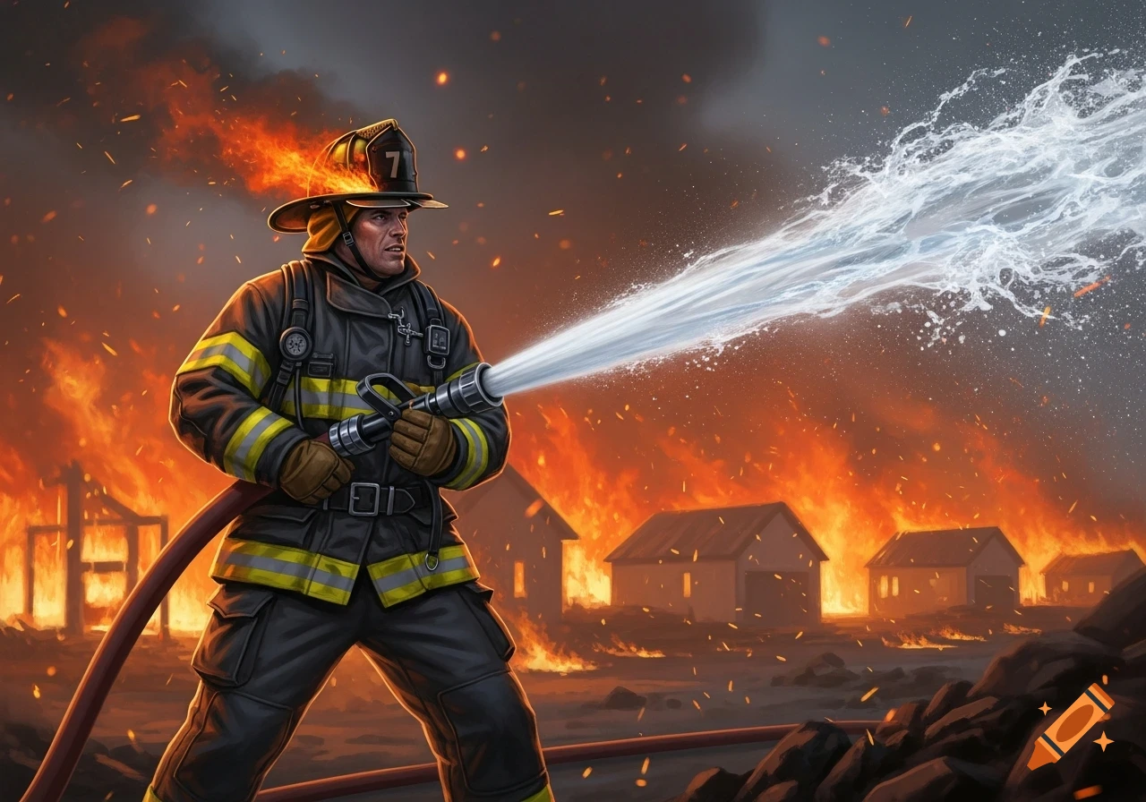 A firefighter in uniform sprays water from a hose at a large fire engulfing houses in a subdivision, with embers in the air.