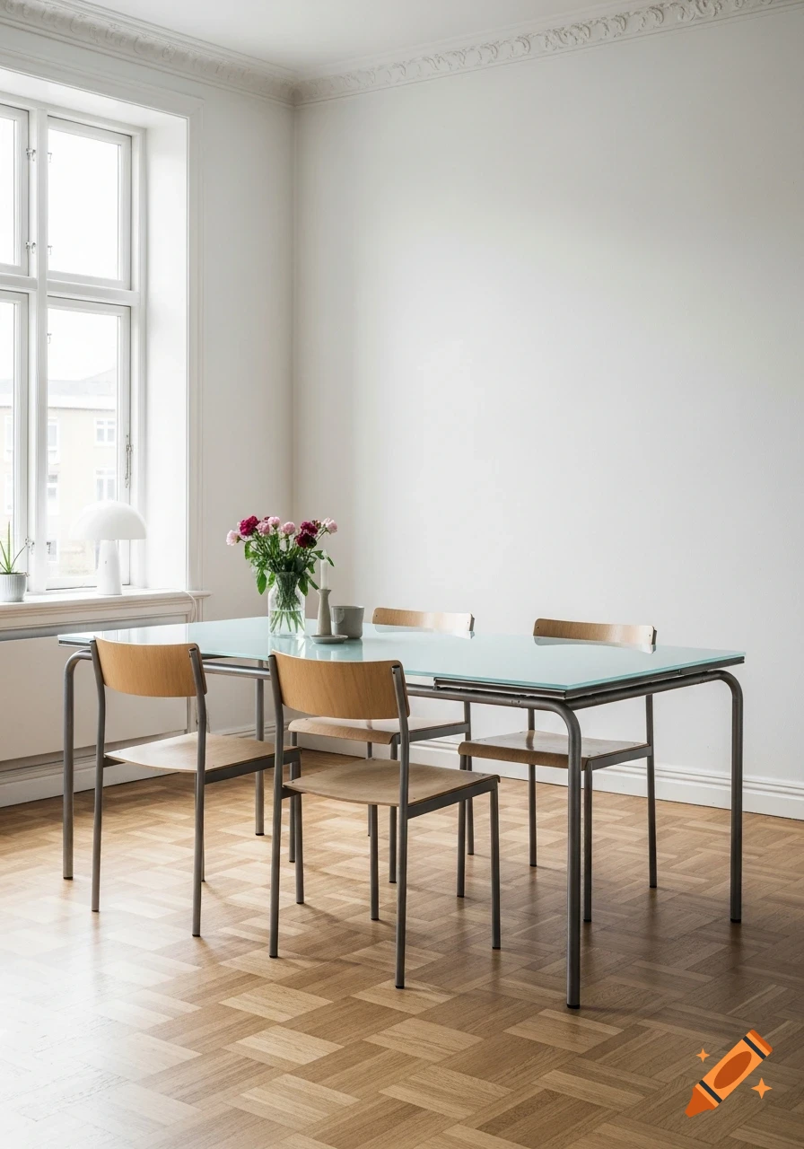 A bright dining room with a rectangular glass-top table and four chairs, a vase of pink flowers, and a window on the left. Photorealistic.