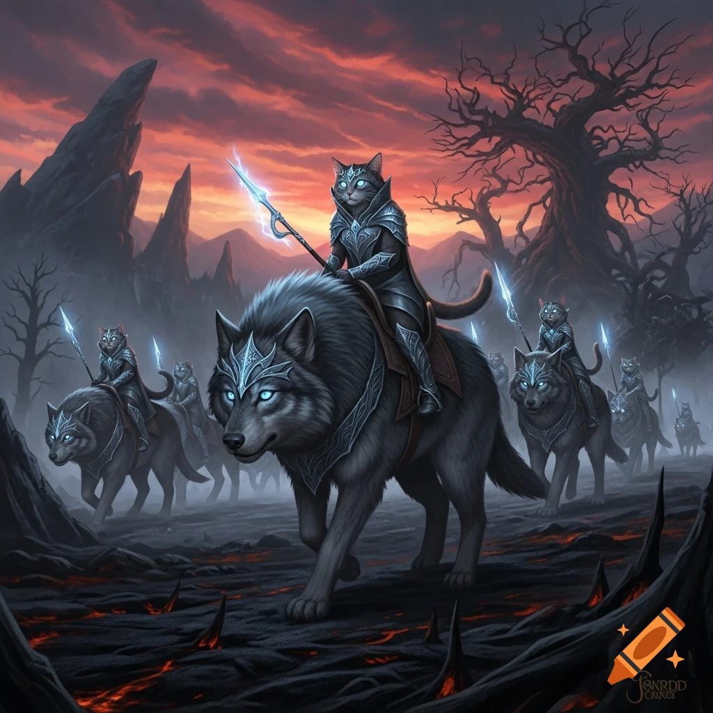 Armored cat-like warriors ride giant wolves across a desolate, fiery landscape under a dramatic red sky.