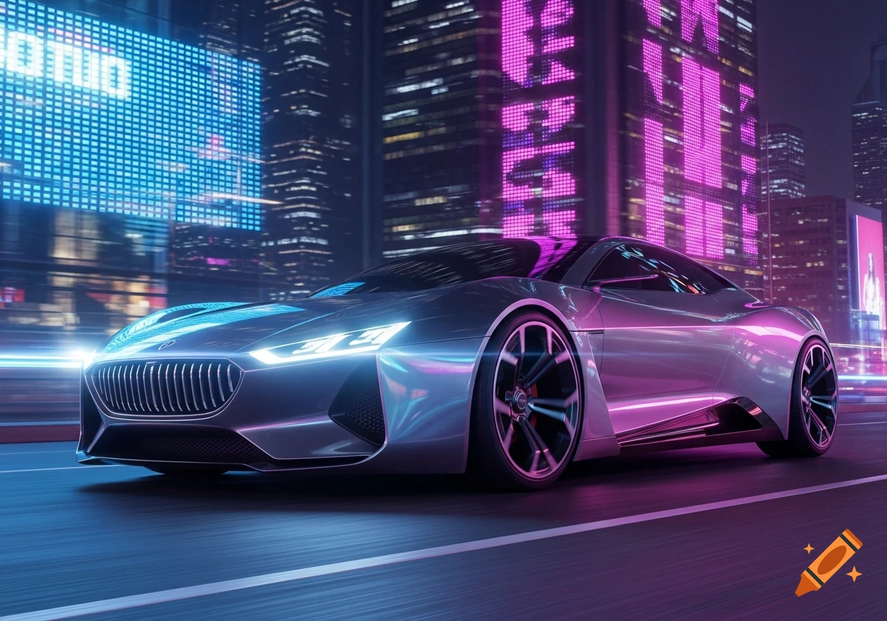 A sleek silver futuristic car drives on a city street at night, illuminated by blue and pink neon lights from towering buildings.