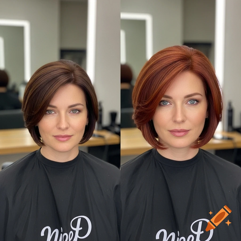 Photorealistic before and after image of a woman with a brown bob haircut on the left and an auburn bob on the right in a salon.