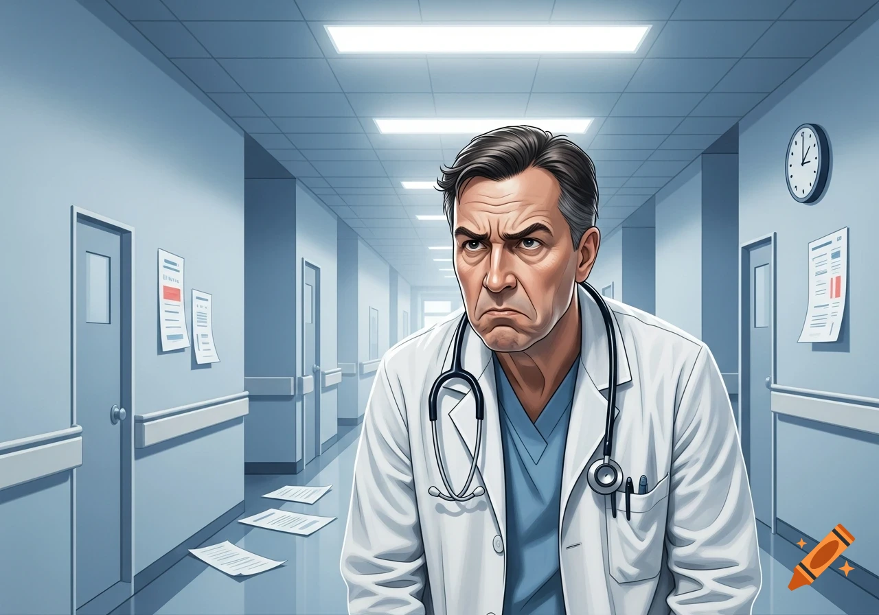 Frustrated male doctor with a stethoscope in a hospital hallway, papers scattered on the floor, illustration.