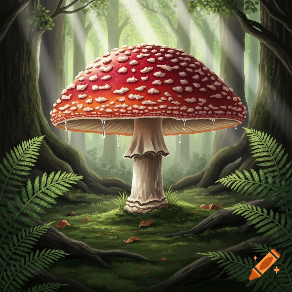 A vibrant red and white spotted mushroom with water droplets stands prominently in a mossy, sun-dappled forest.