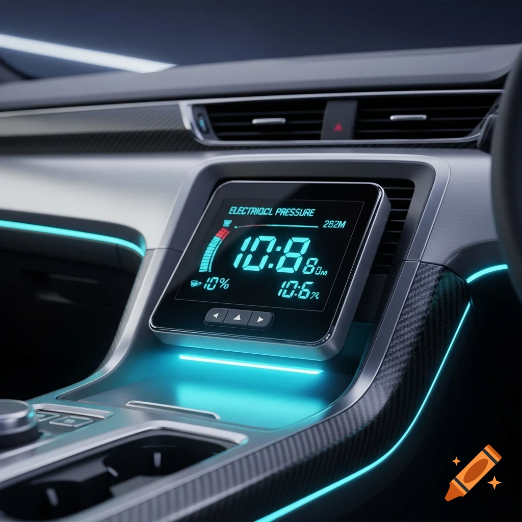 Modern car interior with a glowing blue digital dashboard display showing 'ELECTRIOCL PRESSURE' and data, surrounded by ambient lighting and carbon fiber.