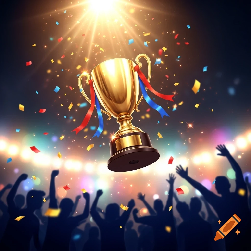 A golden trophy with red and blue ribbons floats under a bright spotlight, surrounded by falling confetti and a silhouetted cheering crowd.