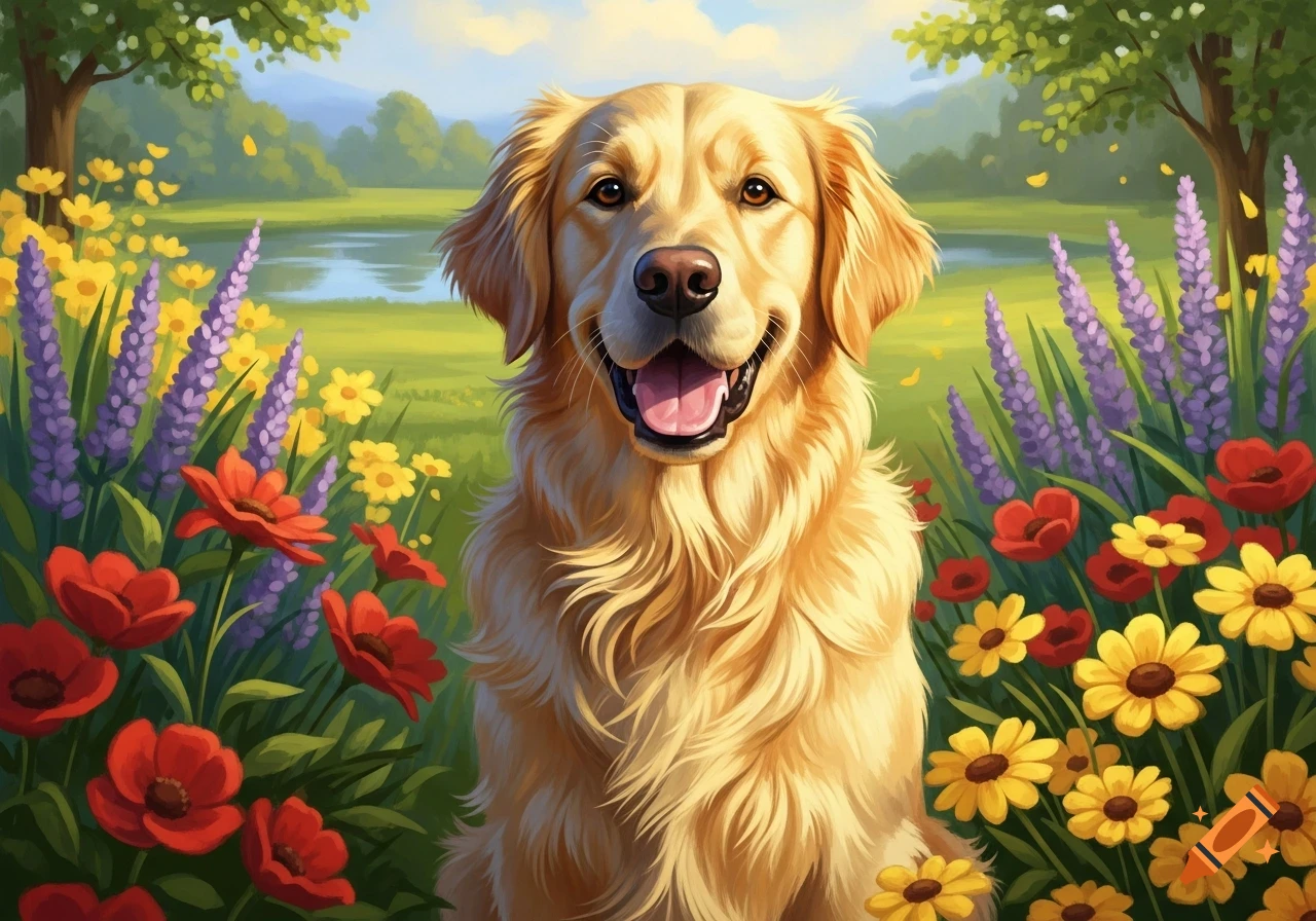 A happy golden retriever sits in a vibrant field of red, yellow, and ...
