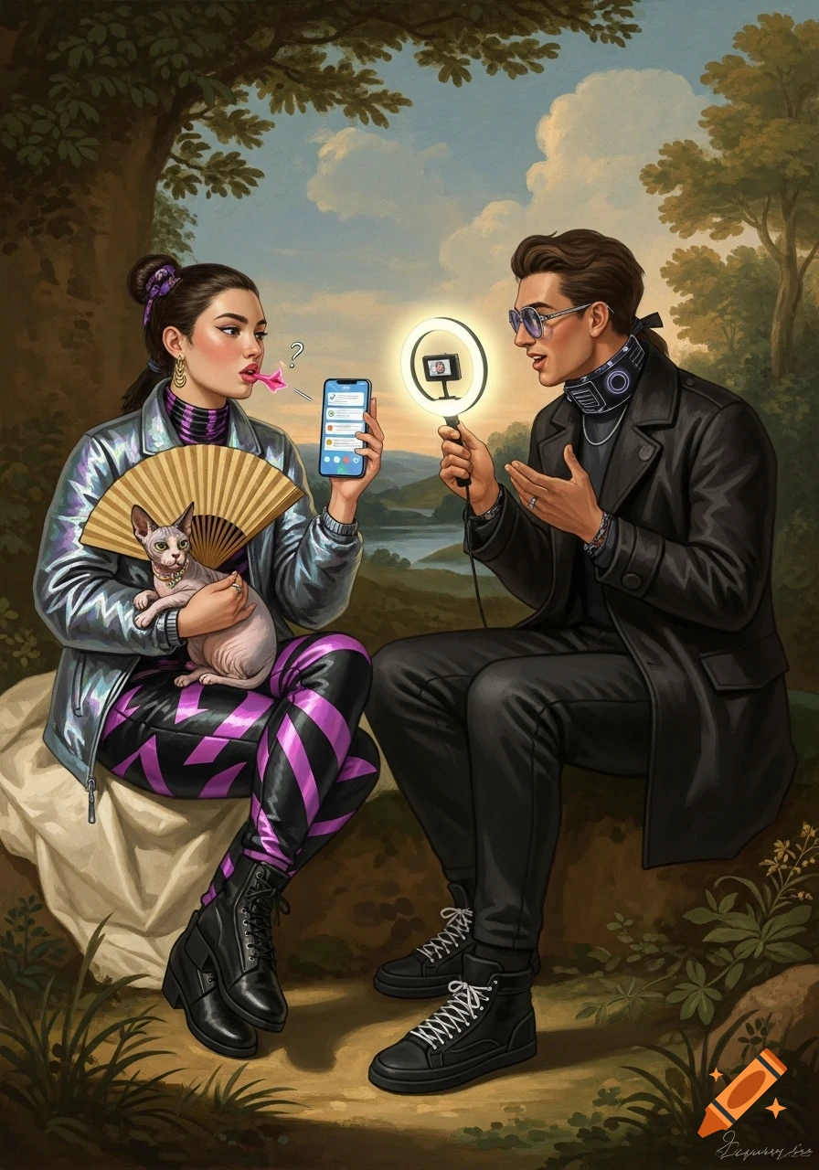 A man and a woman in Y2K attire in a Baroque-style landscape. The woman holds a phone and a Sphynx cat, while the man holds a ring light.