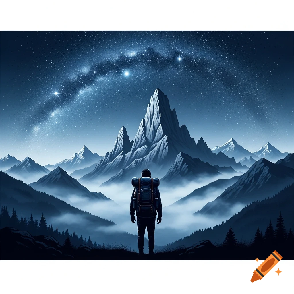 A lone hiker with a backpack stands on a hill, gazing at majestic, mist-shrouded mountains under a brilliant starry night sky.