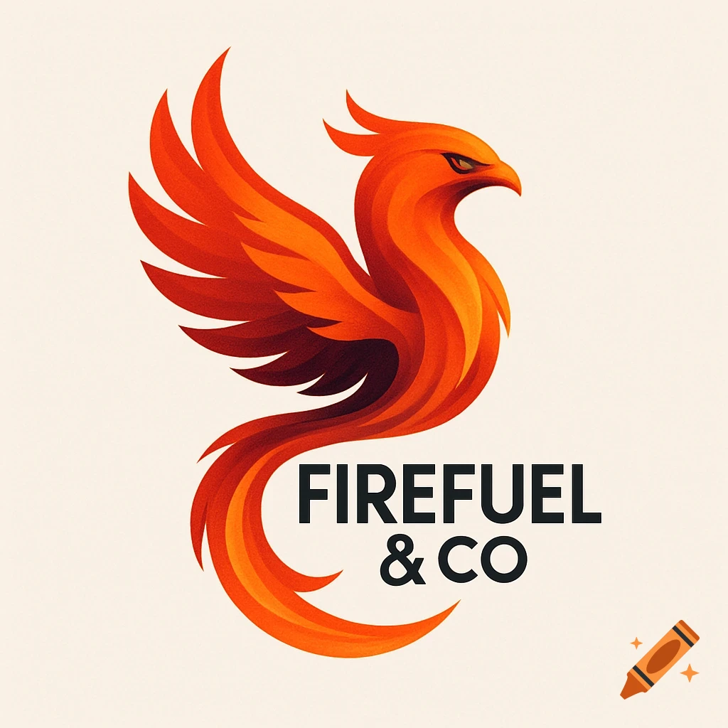 A vibrant orange and red phoenix logo for 'FIREFUEL & CO', stylized like a flame with outstretched wings.