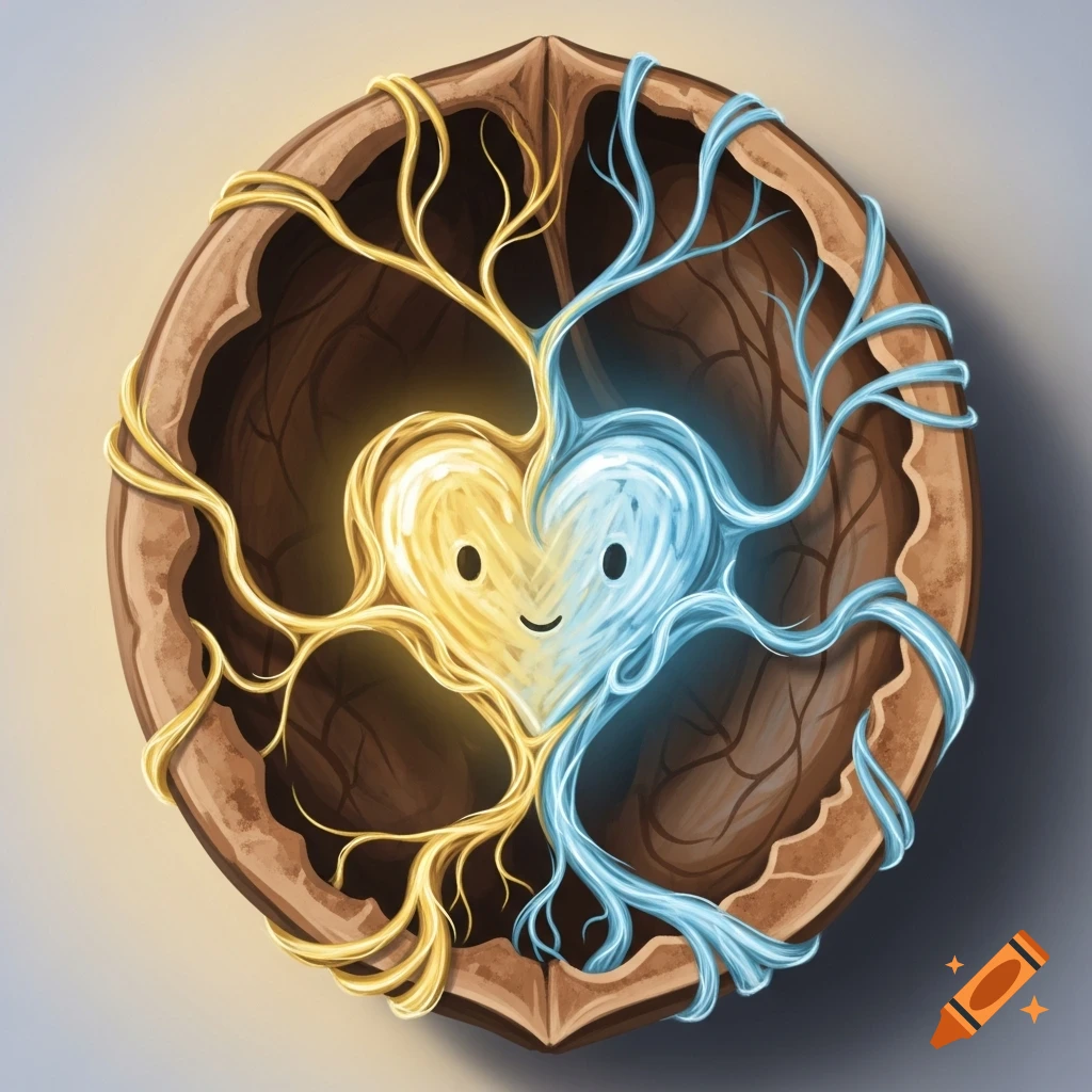 Stylized golden and blue heart with root-like veins, glowing inside a cracked walnut shell, digital art.