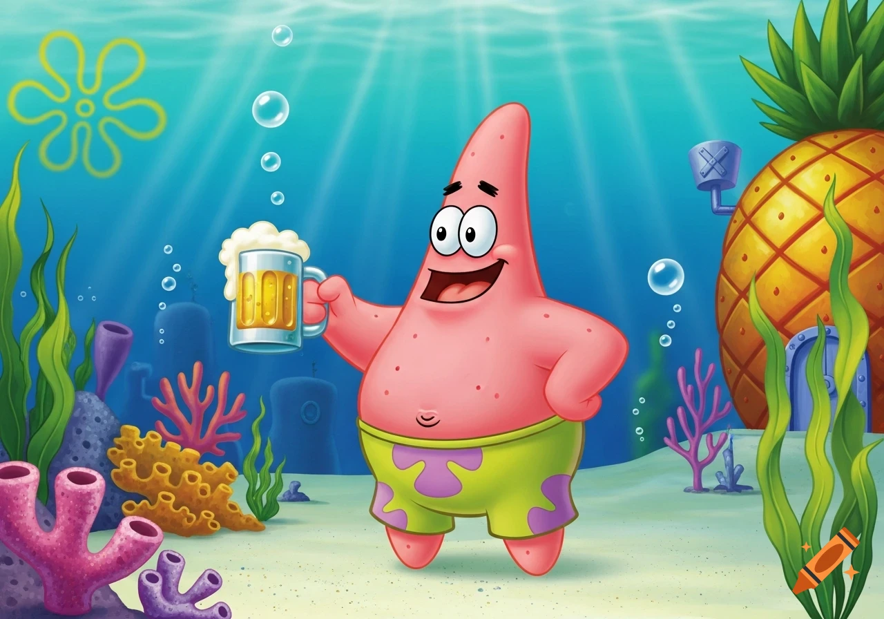 Patrick Star holds a mug of beer in an underwater scene with SpongeBob's pineapple house in the background.