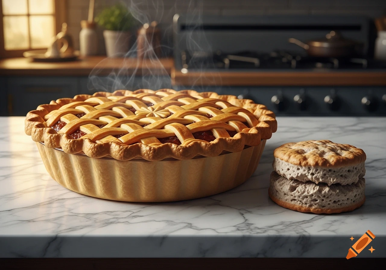 A steaming pie with a lattice crust next to a porous biscuit on a marble kitchen counter in a sunlit kitchen.