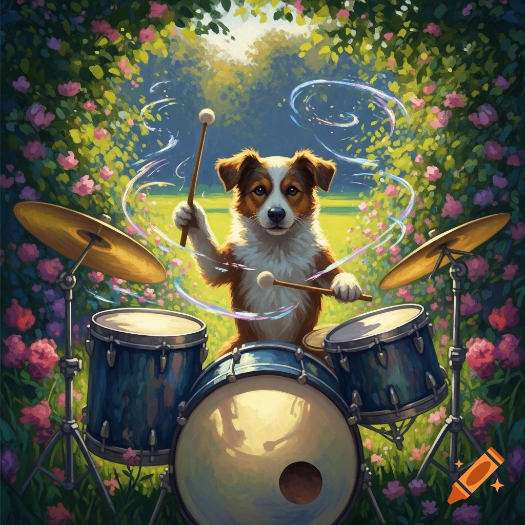 An impressionistic painting of a fluffy brown and white dog playing a blue drum set in a vibrant garden filled with pink flowers and green foliage.