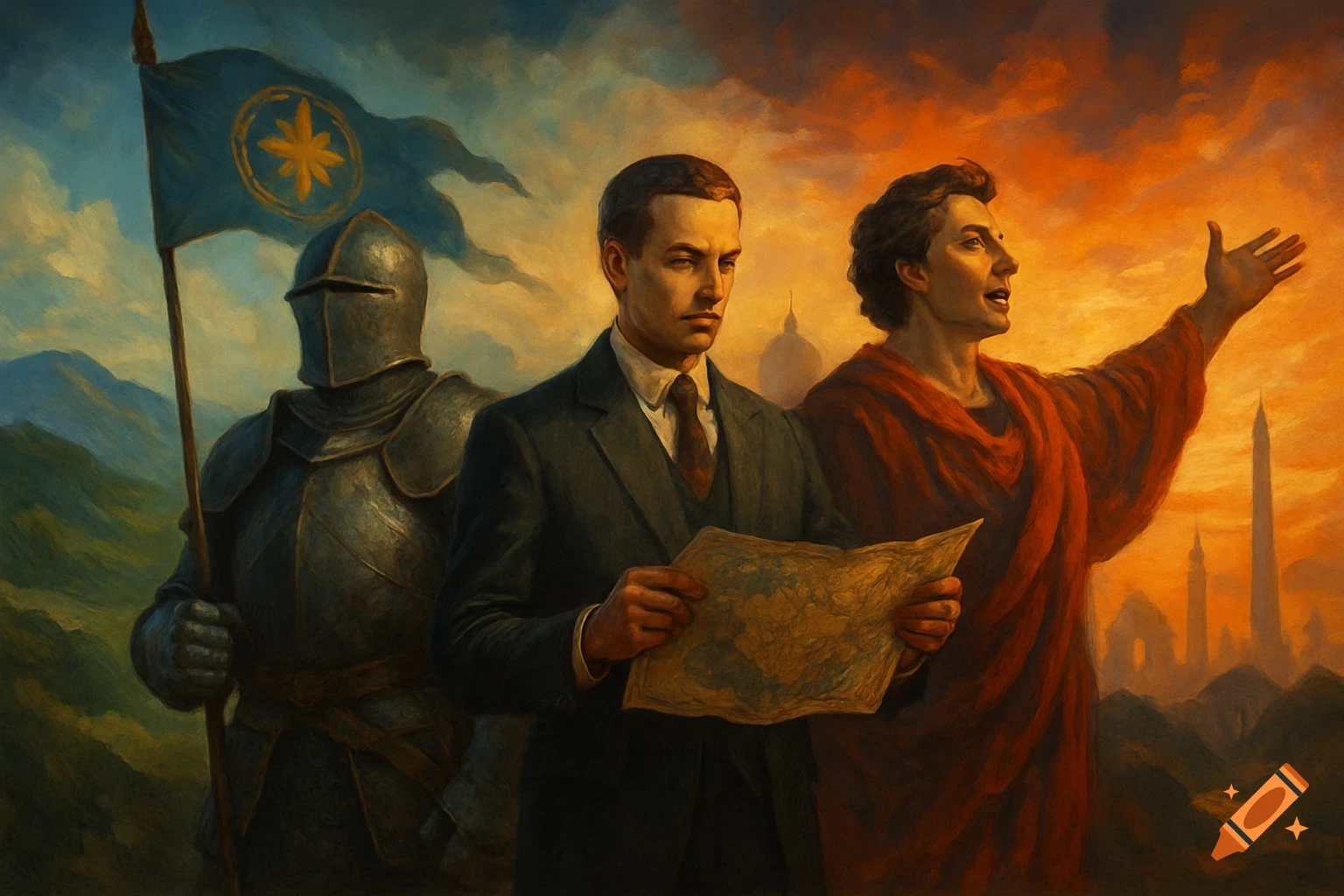 Painterly image of a knight, a man in a suit holding a map, and a man in a red toga gesturing, under a dramatic sky.