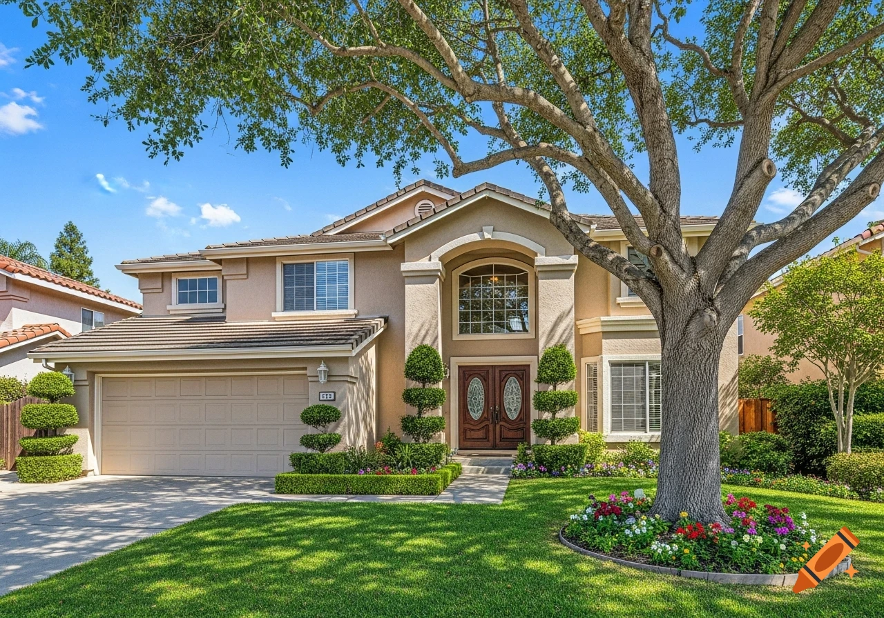 Photorealistic view of a large, beige suburban house with an ornate double front door, a green lawn, colorful flowers, and a prominent tree.