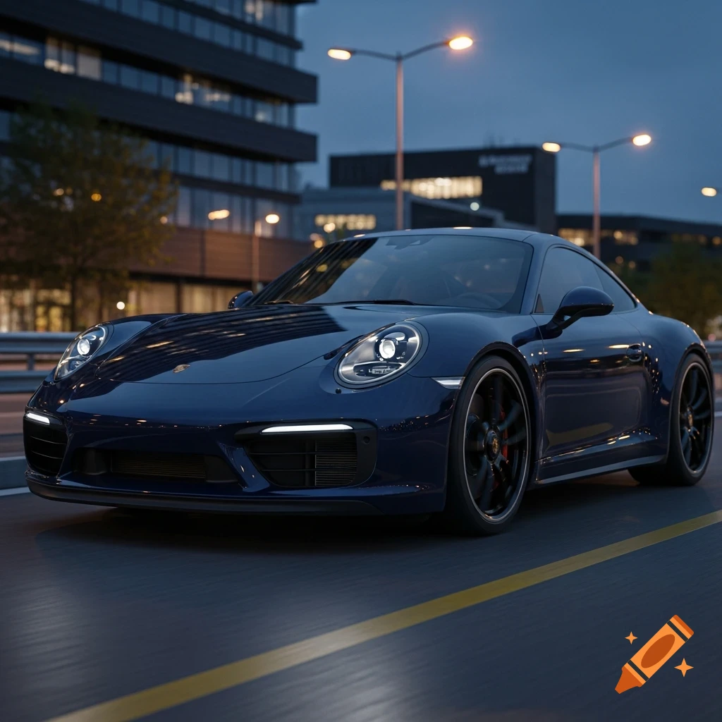 A navy blue Porsche sports car drives on a city street at dusk, with buildings and streetlights in the background.