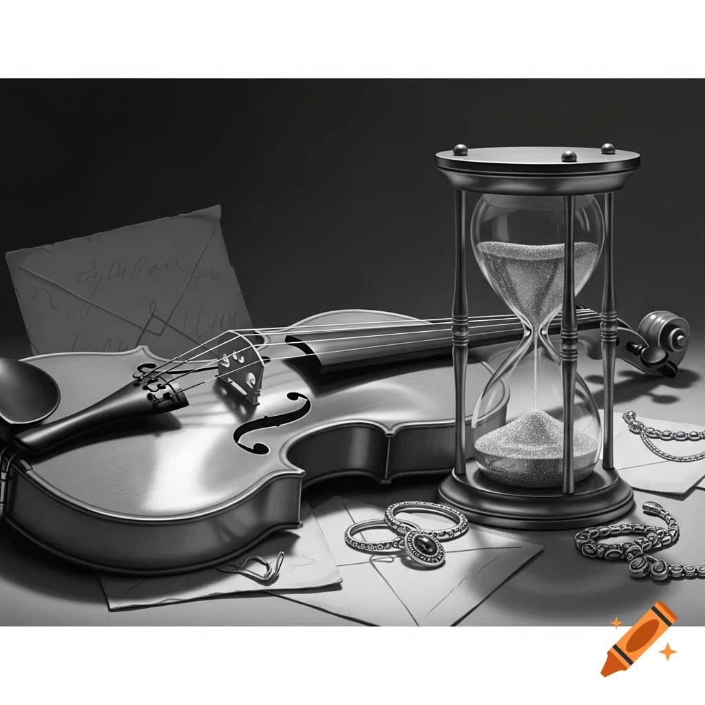Black and white still life featuring a violin, hourglass, ornate rings, and a chain, with letters in the background, rendered with strong luminosity.