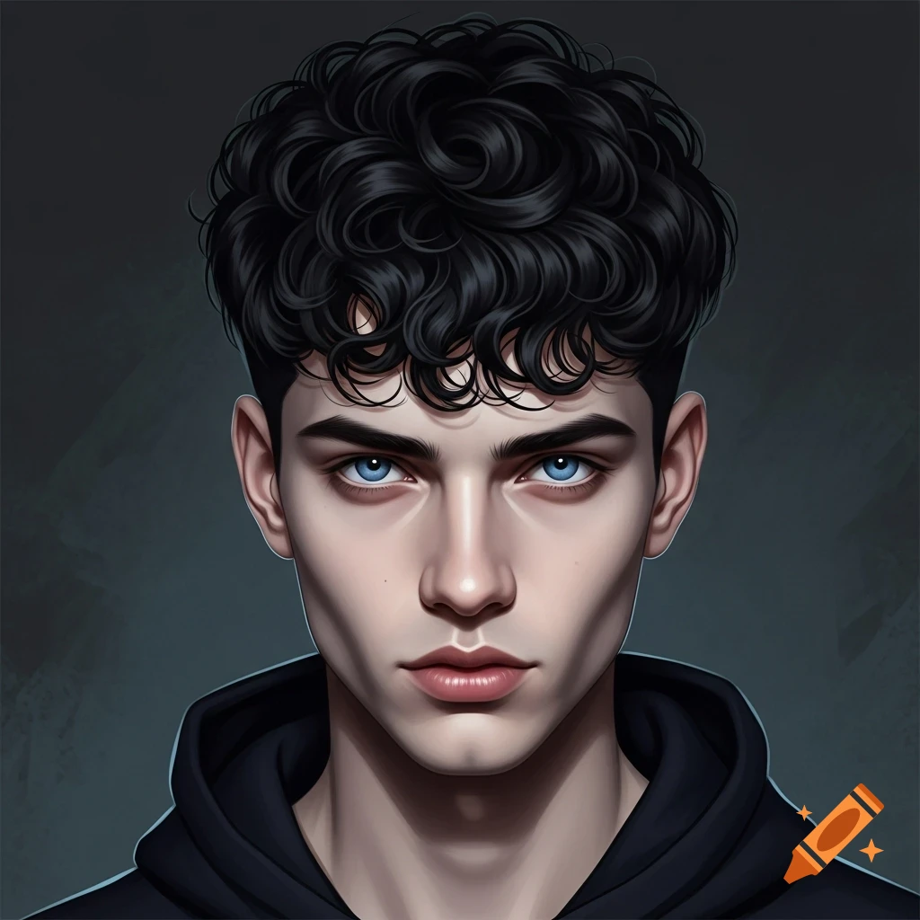 A digital art portrait of a pale-skinned man with bright blue eyes and dark curly hair wearing a black hoodie.