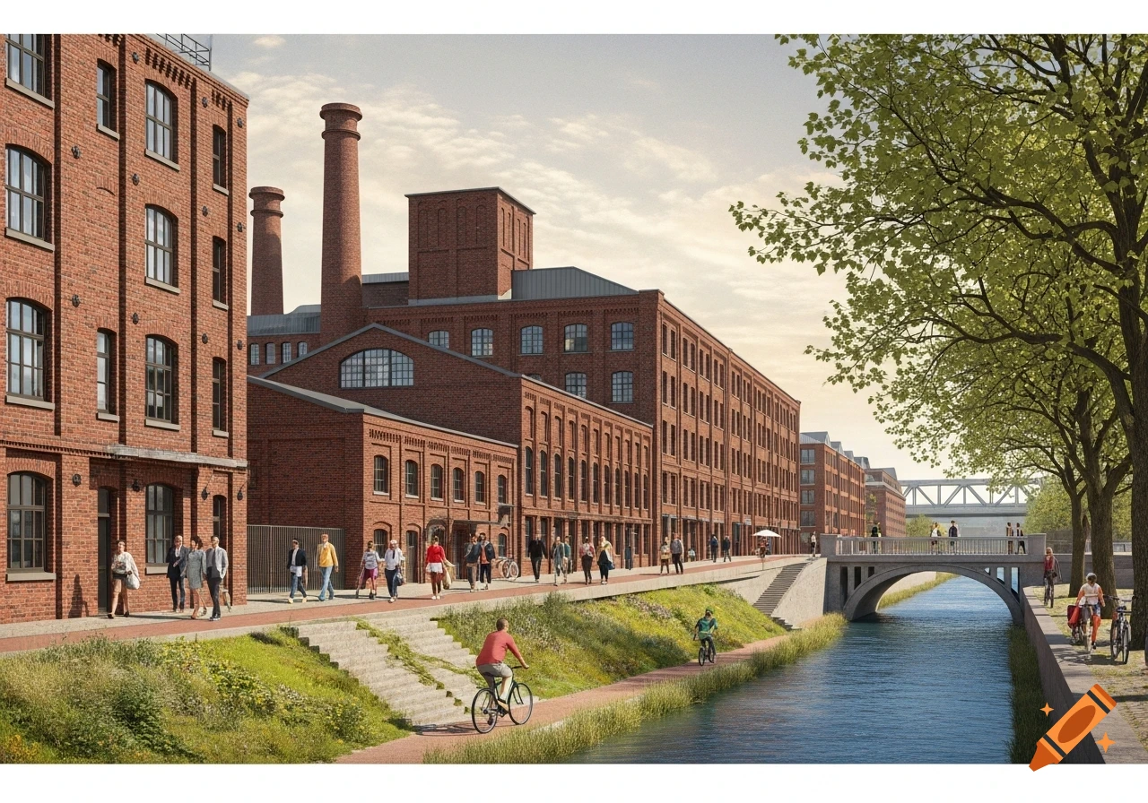 Photorealistic rendering of brick industrial buildings with chimneys alongside a canal, featuring people walking and cycling on a riverside path.