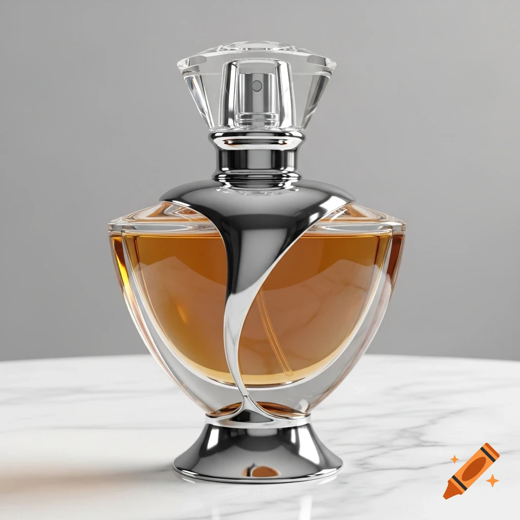 A close-up, photorealistic image of a stylish glass and metal perfume bottle filled with amber liquid, on a white marble table.