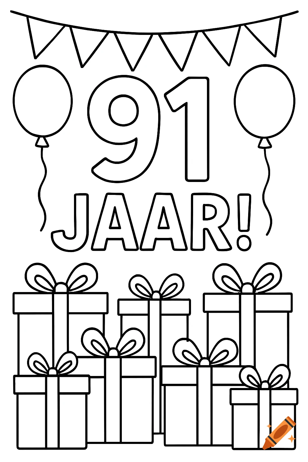Black and white coloring page celebrating 91 years, with balloons, gift boxes, and a banner.