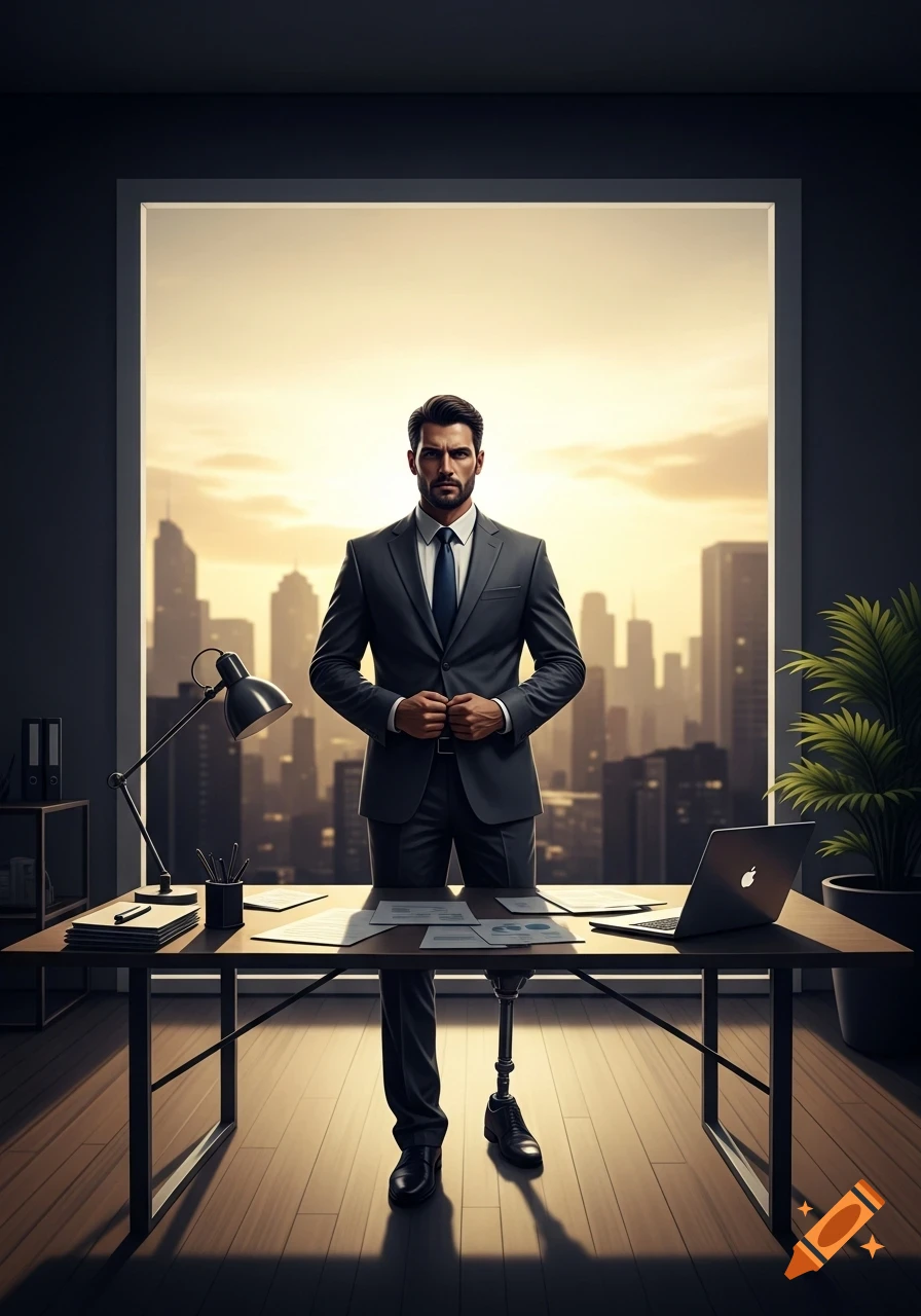 A distinguished man in a suit with a prosthetic leg stands behind a desk, overlooking a city skyline at sunset in a photorealistic style.