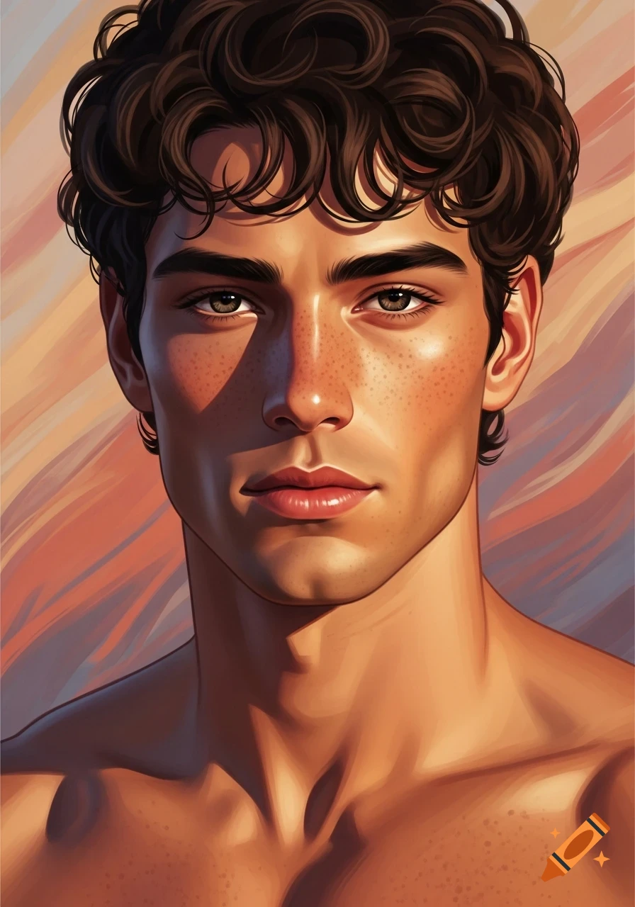 A detailed digital art portrait of an attractive man with dark curly hair, freckles, and a slight build, against a warm, painterly background.