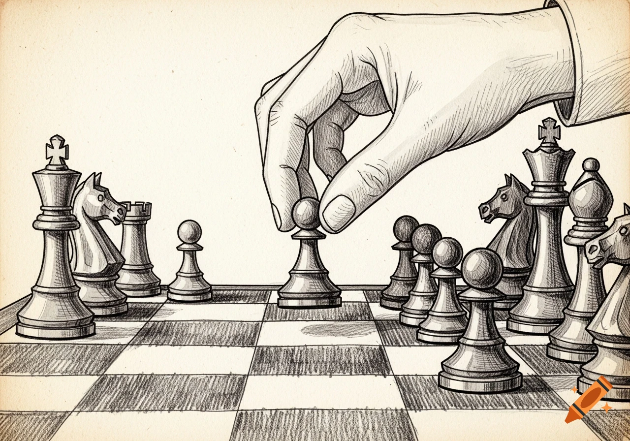 A hand-drawn illustration of a hand moving a pawn on a chessboard.