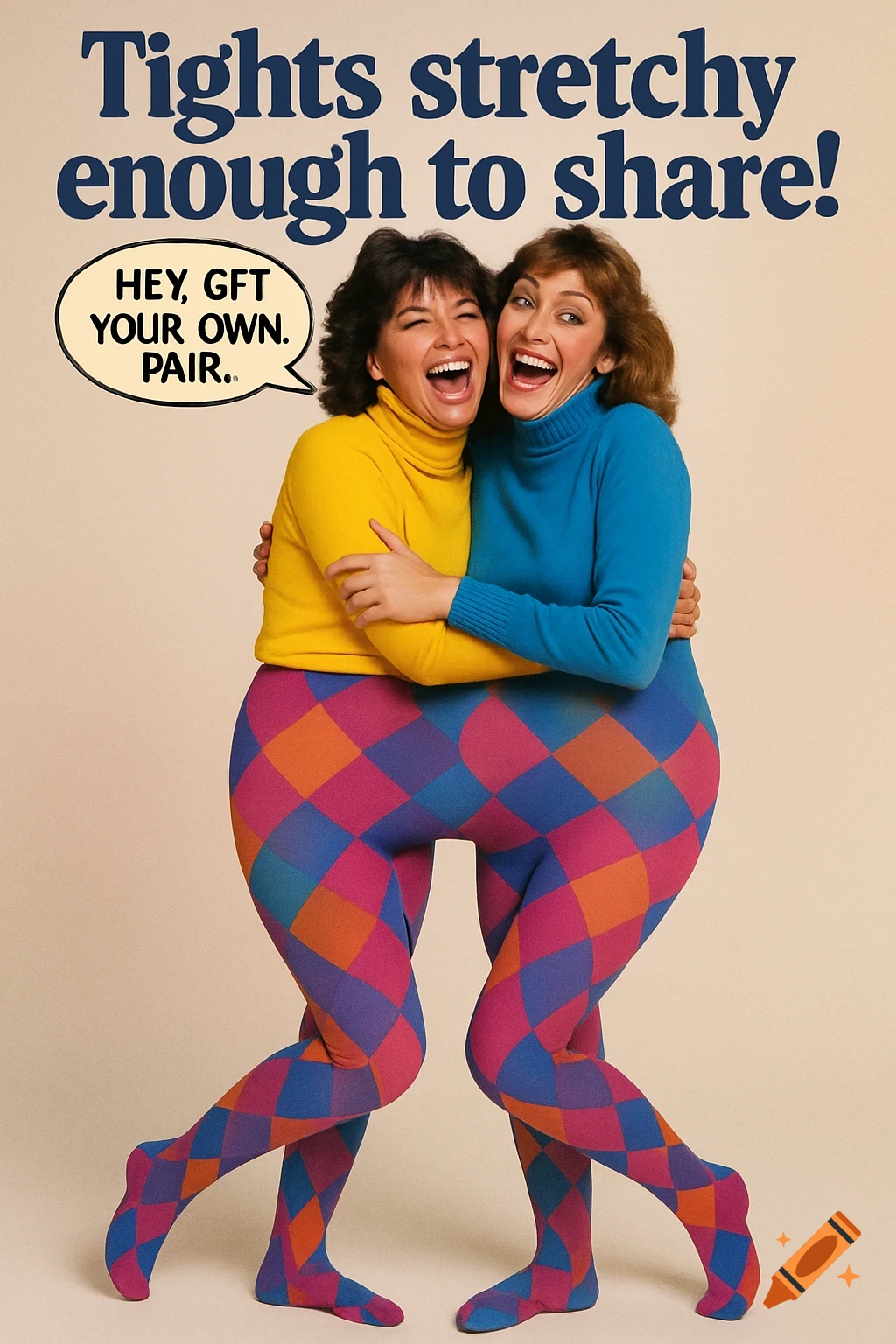Humorous 1980s ad with two laughing women sharing one pair of colorful argyle tights, with text.