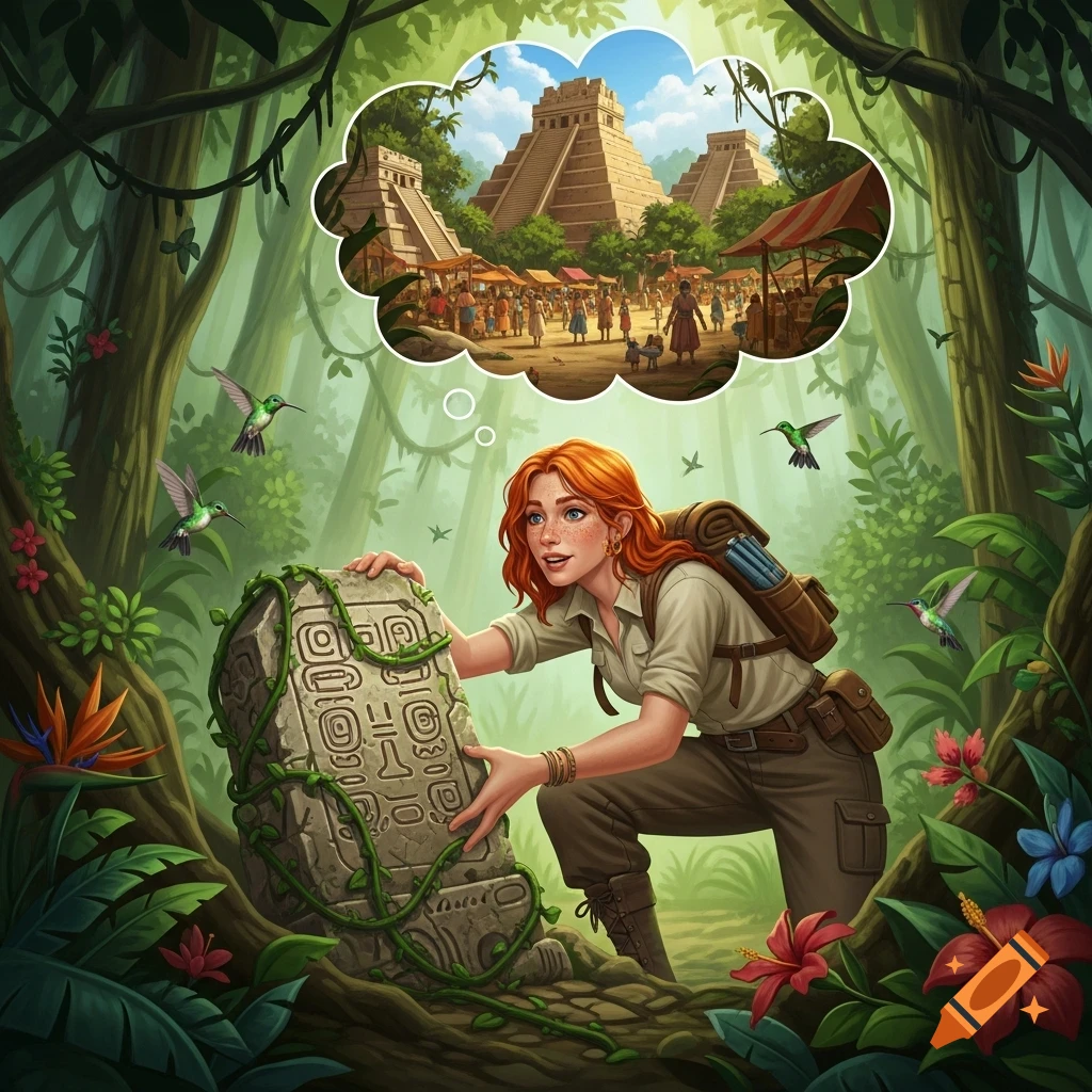 A red-haired explorer discovers an ancient carved stone in a jungle, dreaming of a bustling Mayan city with pyramids.