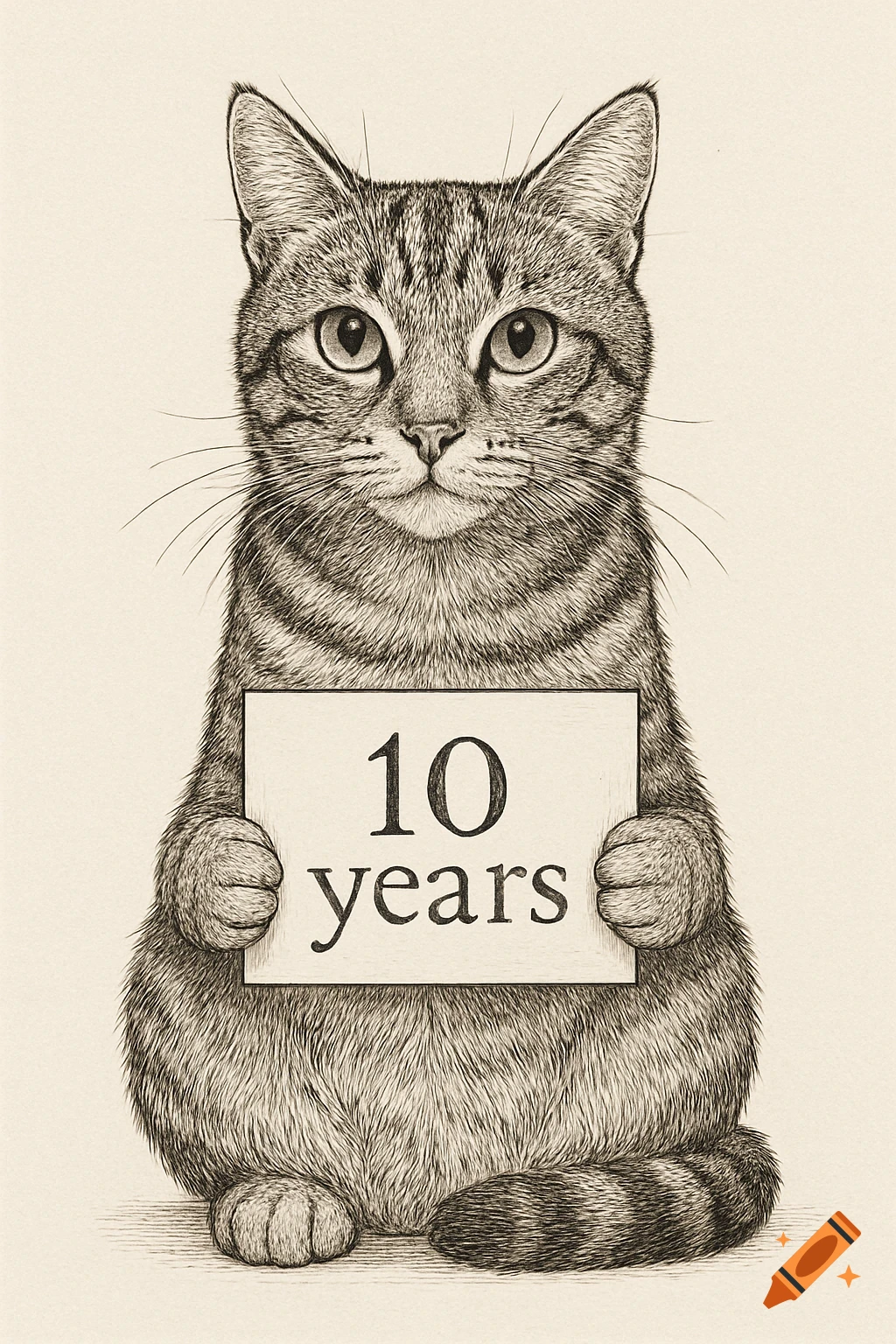 A detailed line drawing of a tabby cat sitting and holding a sign that reads "10 years" in its paws.