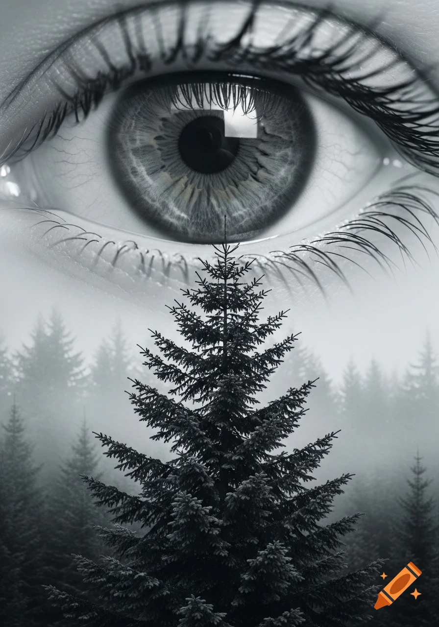 A black and white double exposure combines a detailed human eye and a misty forest with a prominent pine tree.