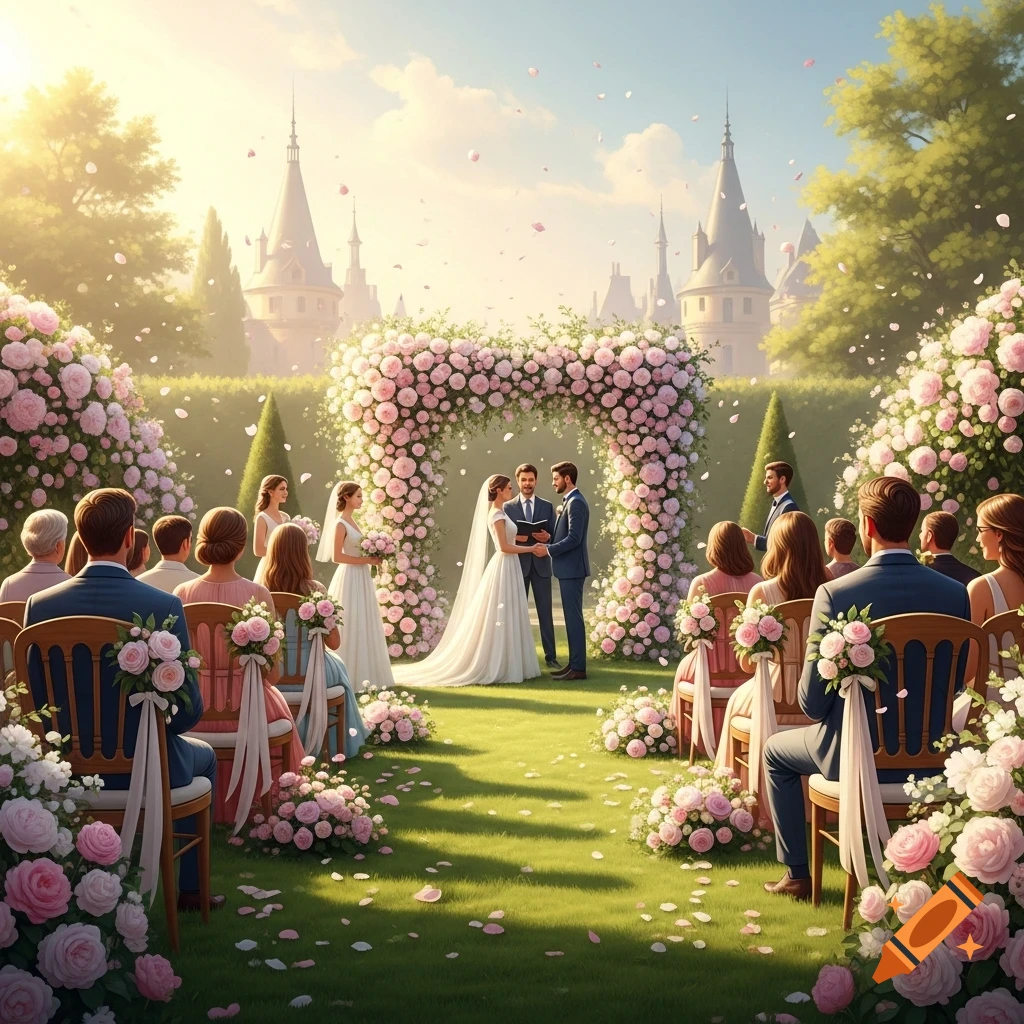 A dreamy garden wedding ceremony with a bride and groom under a rose arch, guests seated, and castle-like buildings in the background.