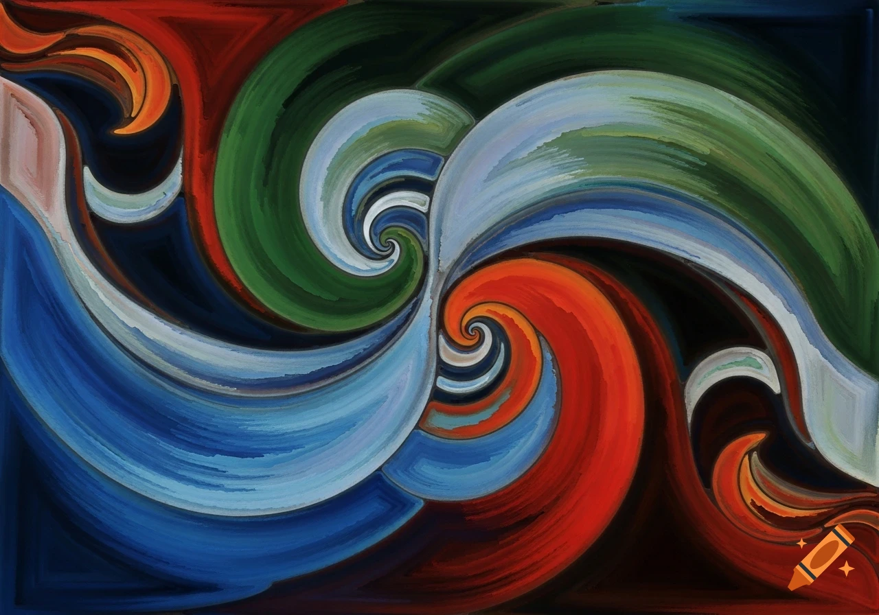 A vibrant abstract painting with swirling blue, green, red, and orange curves against dark backgrounds.