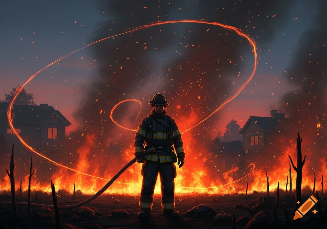 A firefighter stands heroically amidst a raging fire in a suburban area at night, smoke filling the sky.