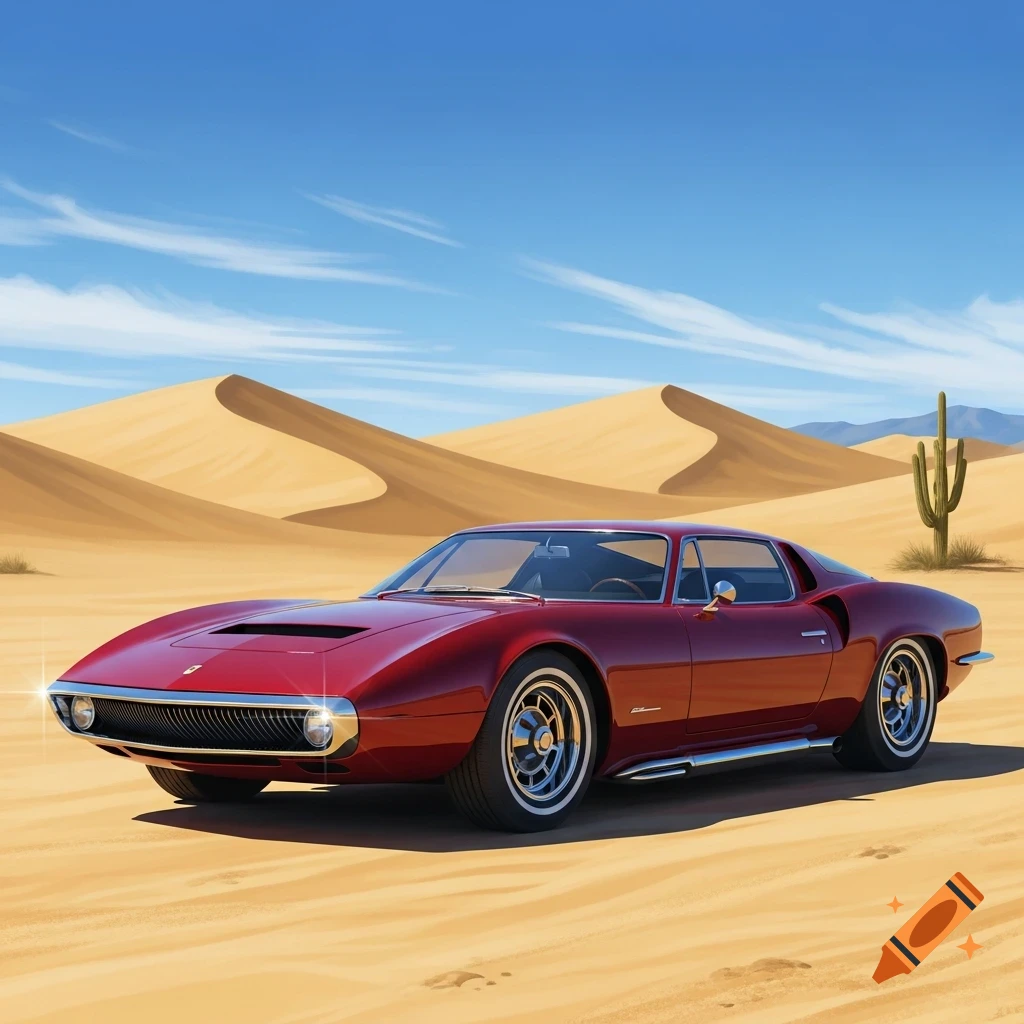 Red sports car in a desert with sand dunes and a cactus under a blue sky, stylized illustration.