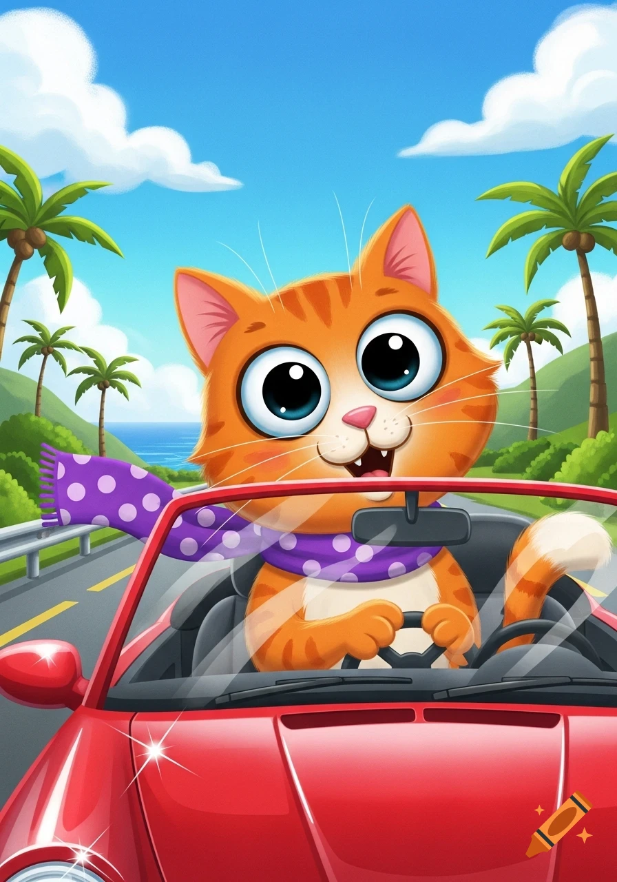 A cute orange cartoon cat with big blue eyes driving a red convertible car down a tropical road with palm trees and an ocean view.